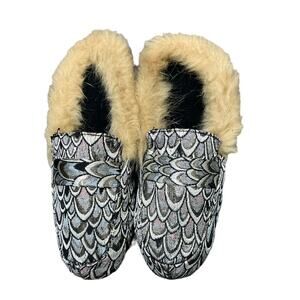 INC Mule Slippers Faux Fur Silver Jacquard Print Small Size 5/6